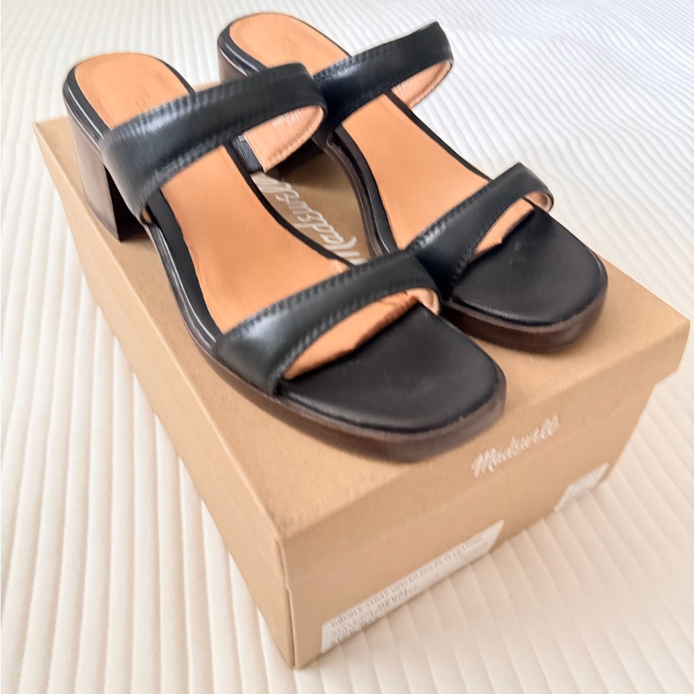 Madewell Saige Double Strapped Heeled Mules Leather Black Leather Sandals